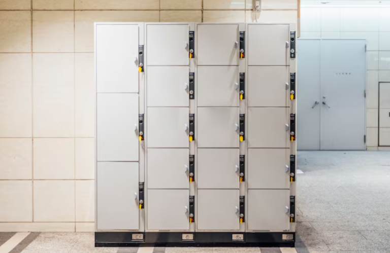 A row of grey metal storage Lockers