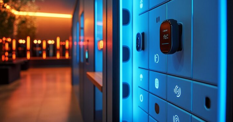 Blue glowing smart lockers in Universities
