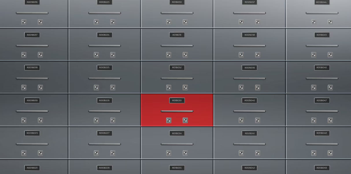 Grid of Safe Deposit Boxes with one red box