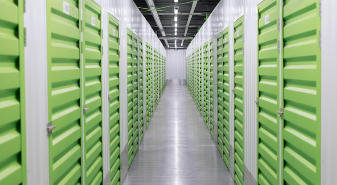 Long Hallway of bright green storage units