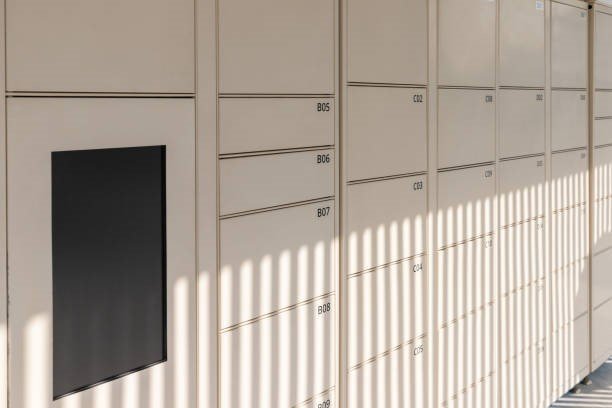 Row of Beige Electronic smart delivery lockers