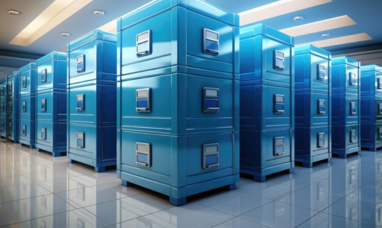 Row of blue metal storage cabinets indoors